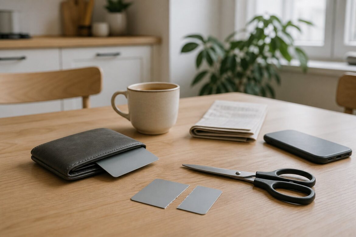 Köksbord med plånbok, ett klippt betalkort, sax, mobiltelefon och kaffekopp